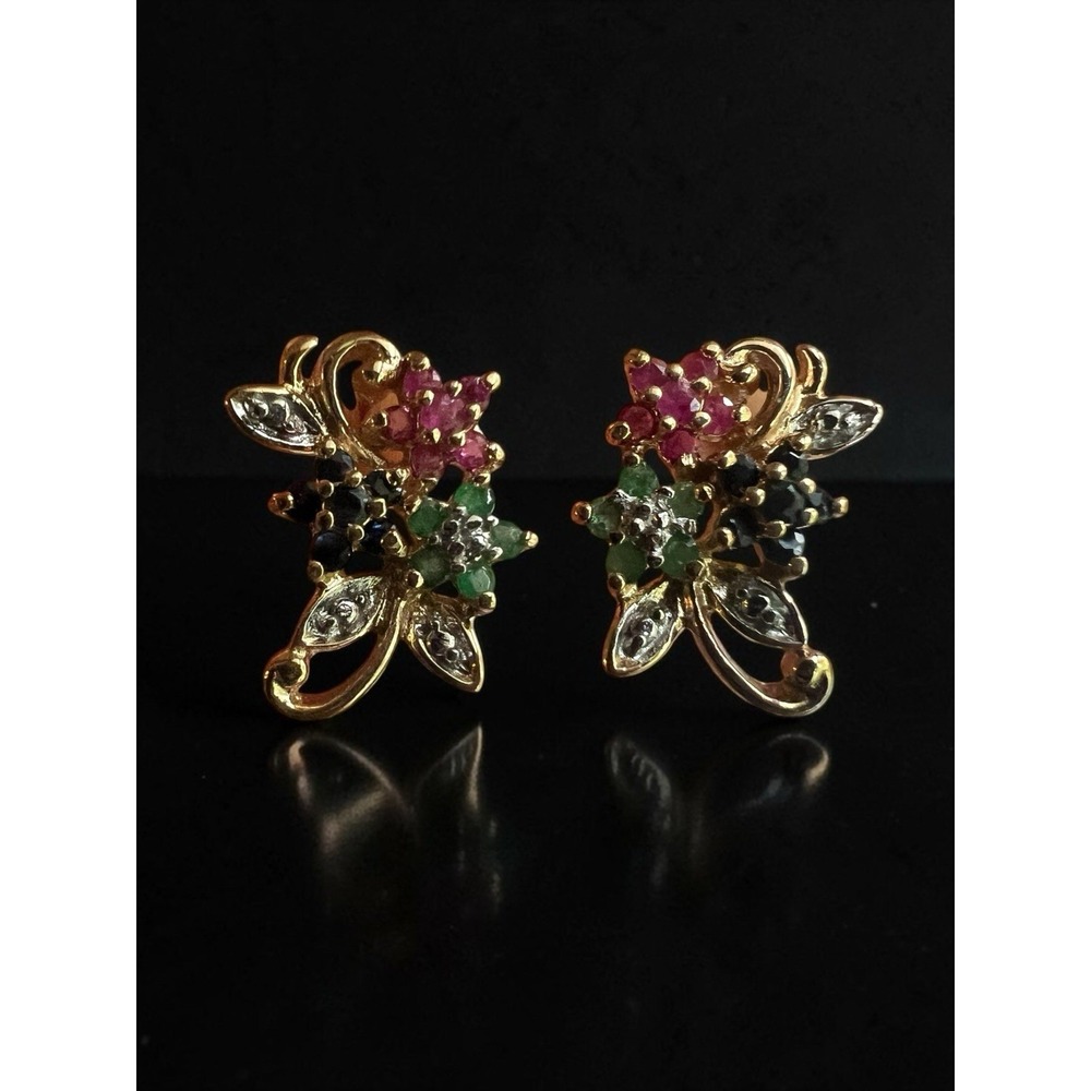 Emerald Ruby Sapphire Diamond Flowers Gold Over 925 Sterling Silver Earrings